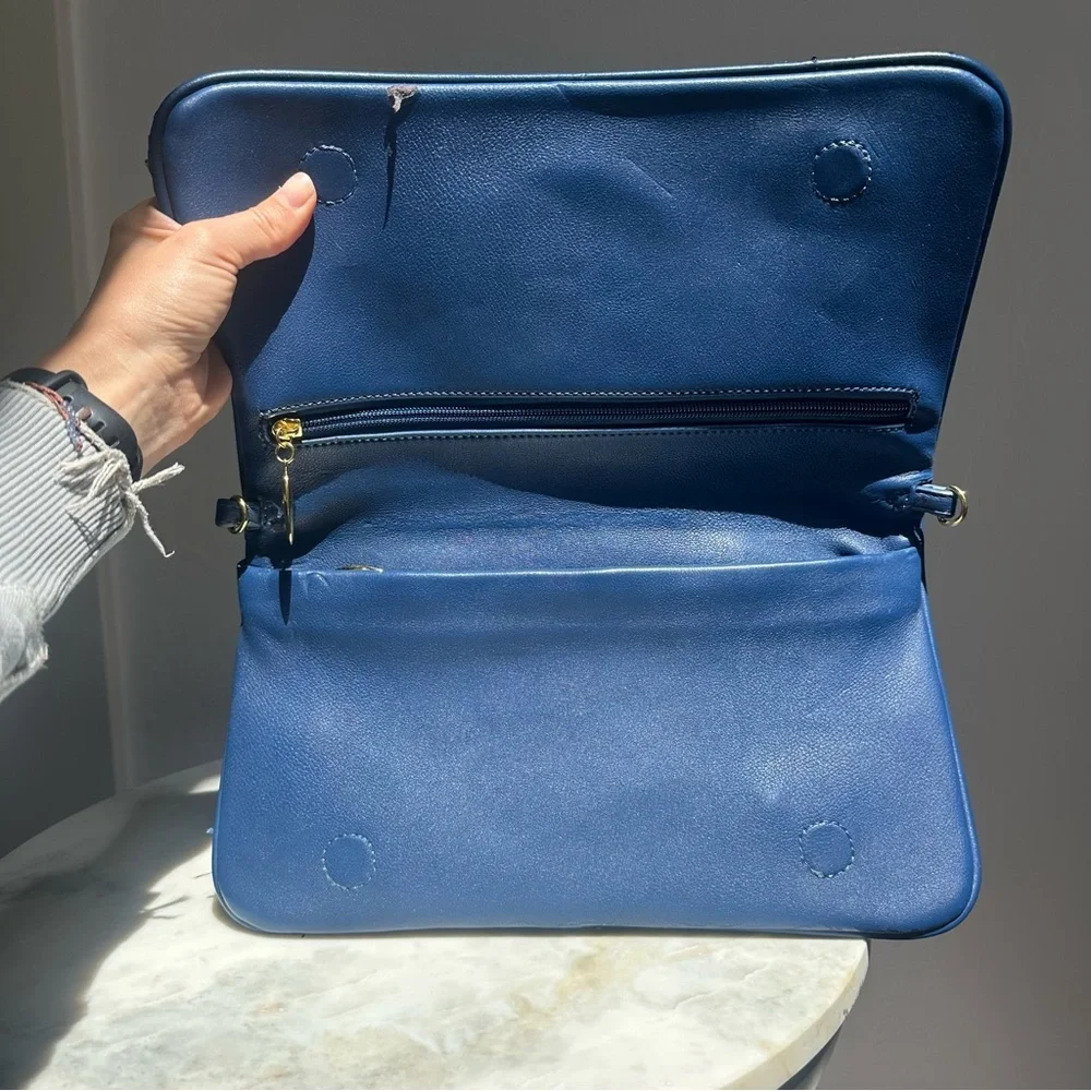 Tory Burch Cobalt Blue Logo Clutch Bag With Removable Shoulder Strap Gold Accent
